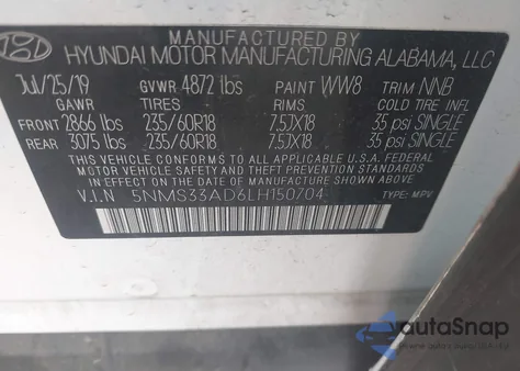 2020 Hyundai Santa Fe Sel z USA, uszkodzony, nr VIN 5NMS33AD6LH150704